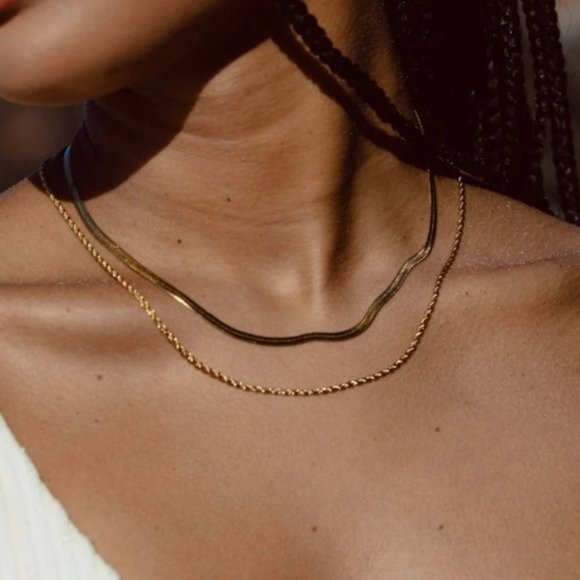 Gold Layered Double Chain Gold Necklace Herringbone & Rope Chain Waterproof - Picture 2 of 14